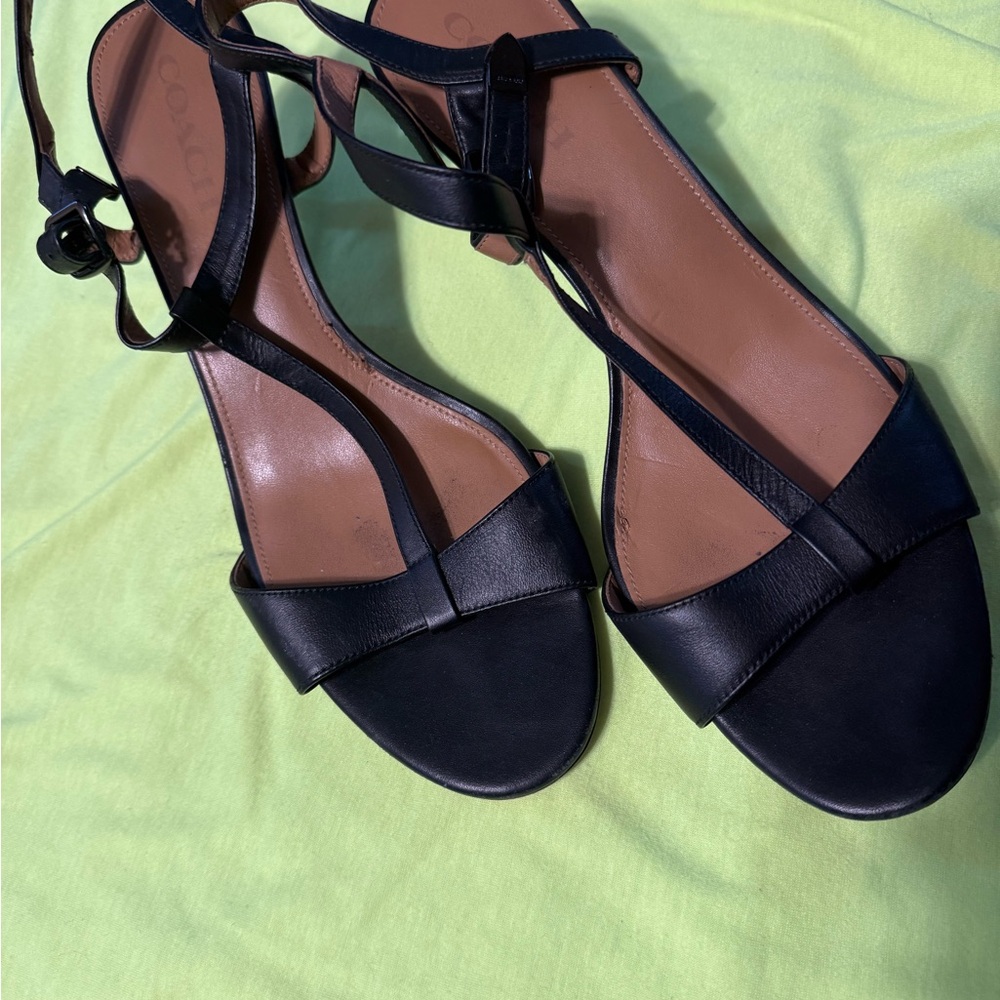 Coach Black Leather T-Strap Sandals